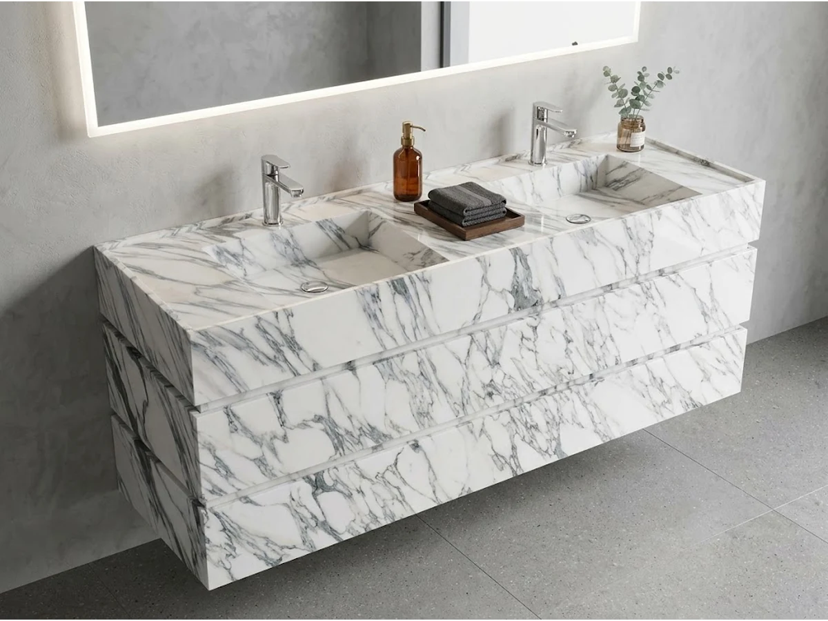 3D visualization of a Calacatta Viola marble double vanity in a modern primary bathroom concept