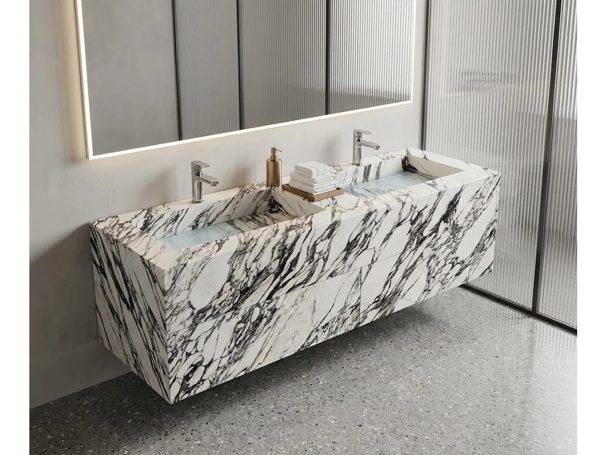 3D visualization of a Calacatta Viola double vanity with a backlit mirror in a bathroom concept