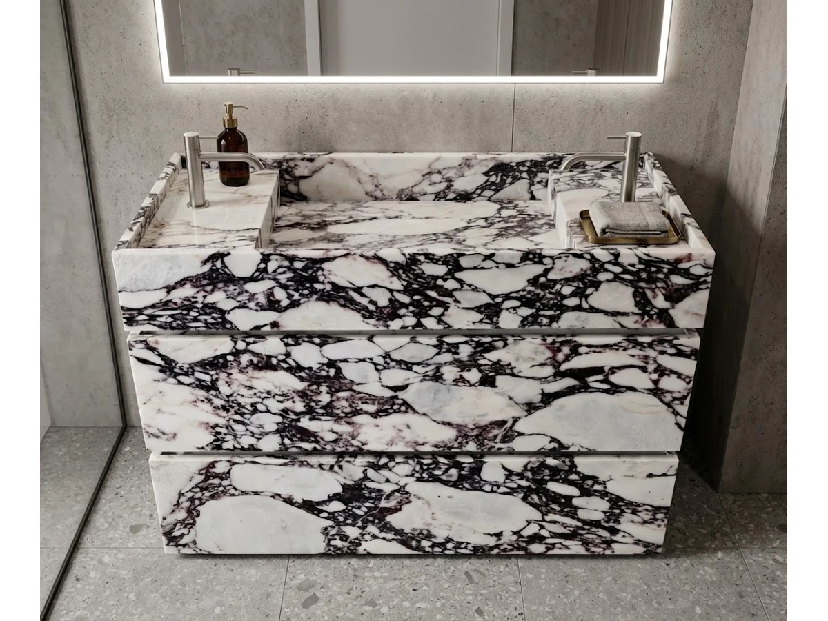 3D visualization of a wall-mounted Calacatta Viola marble vanity in a contemporary bathroom concept
