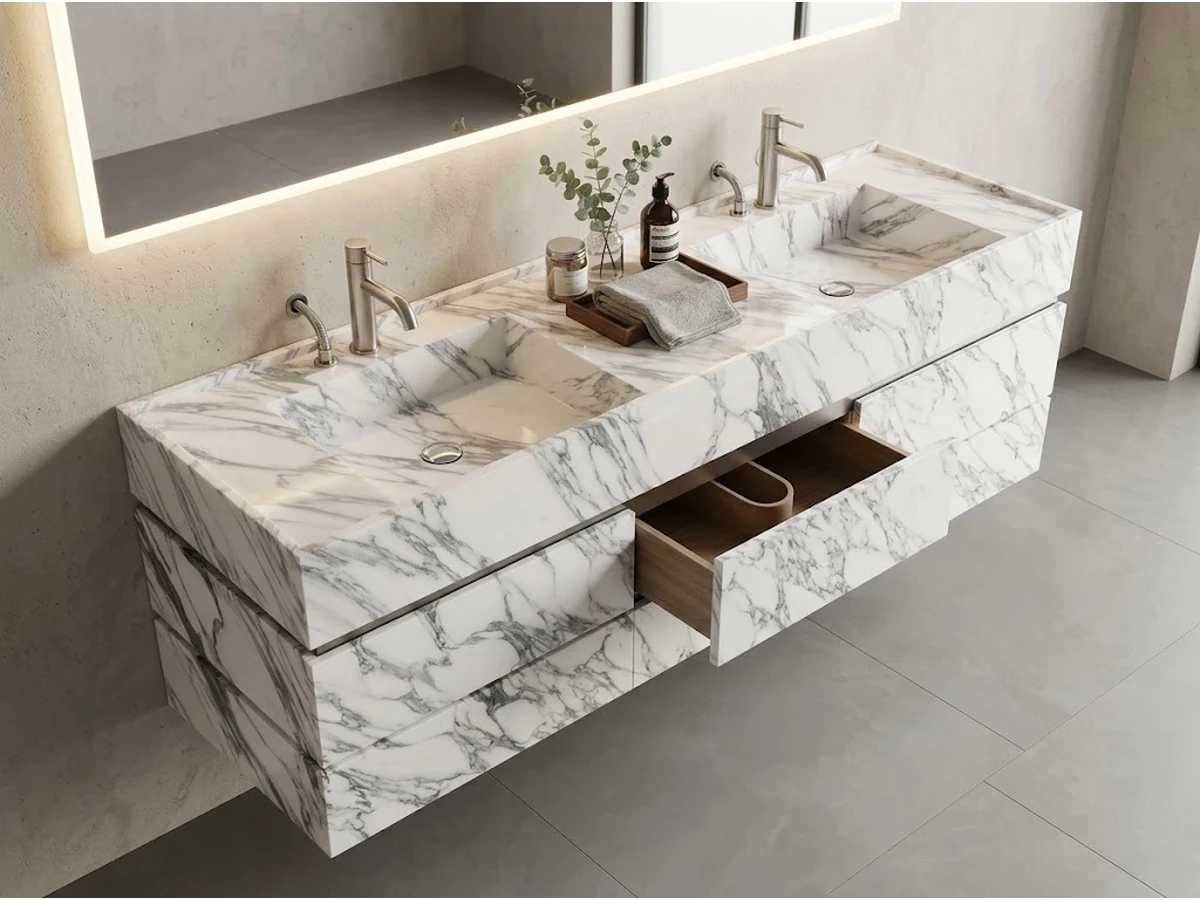 Calacatta Viola marble wall-mounted double vanity with two integrated basins and veined stone drawer fronts