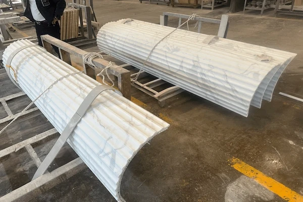 Curved Calacatta White Marble fluted shaft components supported for factory production review