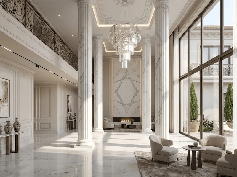 Architectural design visualization of a Calacatta White Marble fluted column arrangement in a bright classical interior