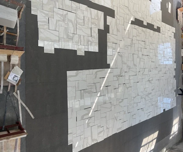 Calacatta White Marble Mosaic Tile marble mosaic layout shown in a supplied pre-shipment material-QC reference