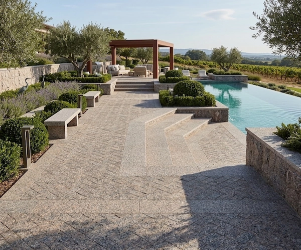 Caledonia Brown Granite granite cube stone application rendering for a driveway design