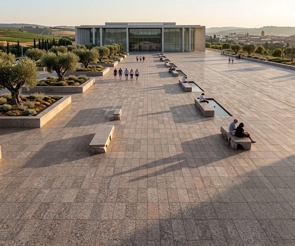 Caledonia Brown Granite granite cube stone application rendering for European-style plaza paving