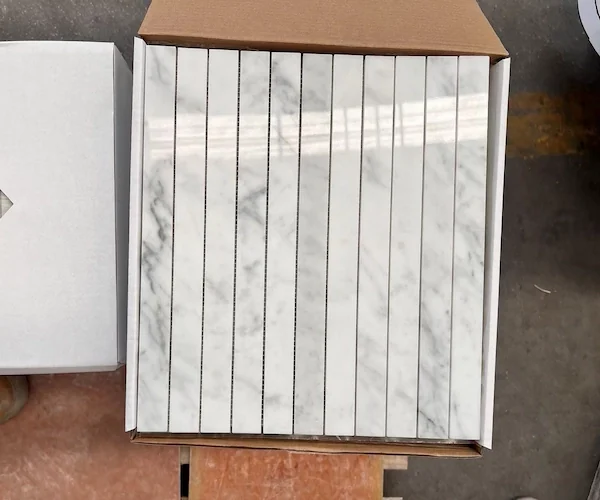 Carrara White Linear Strip Marble Mosaic mosaic arrangement shown in a supplied pre-shipment layout reference image