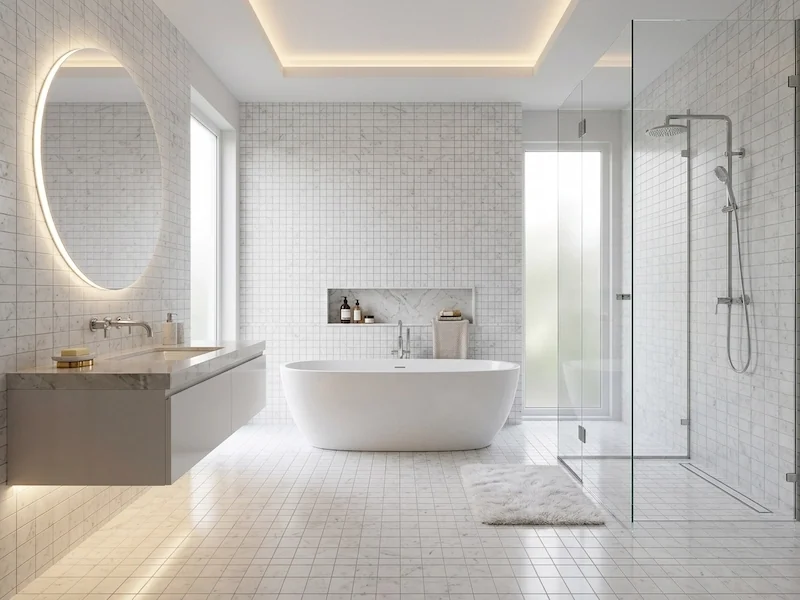 Carrara White Marble Mosaic Tile shown in a supplied bathroom application reference with pale marble mosaic wall and floor surfaces