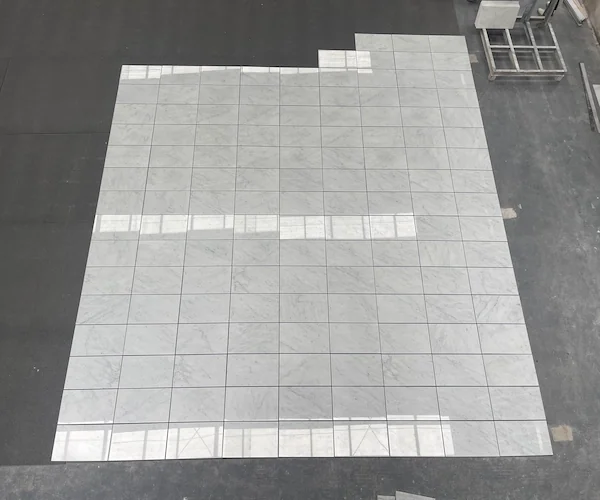 Carrara White Marble Mosaic Tile square marble mosaic layout shown in a supplied dry-lay reference image