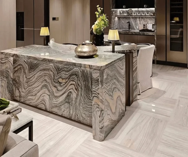 3D visualization of a Cipollino Marble waterfall kitchen island in a contemporary interior