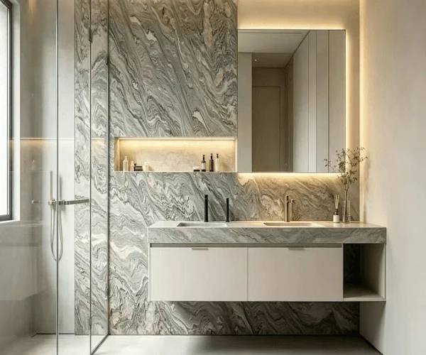 3D visualization of a Cipollino Marble bathroom wall and vanity concept