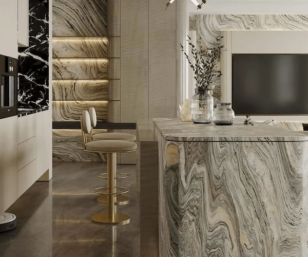3D visualization of a Cipollino Marble kitchen island concept in a refined interior