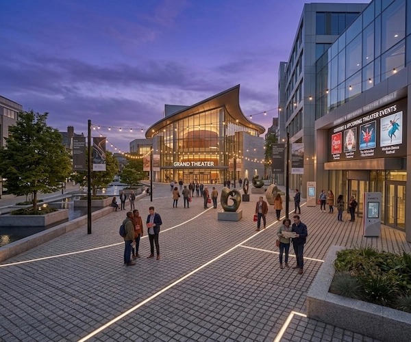 3D visualization of Classic Grey Granite cube stone paving across a theatre and mixed-use pedestrian plaza