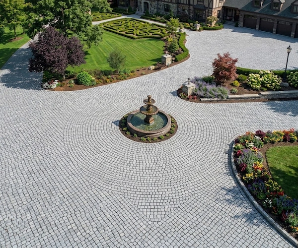 3D visualization of a landscaped courtyard with radial Classic Grey Granite cube stone paving around a fountain