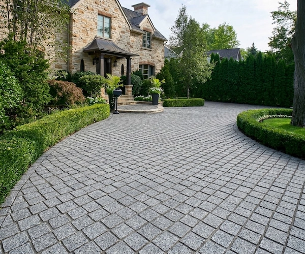3D visualization of a residential driveway paved with Classic Grey Granite cube stone beside clipped hedges