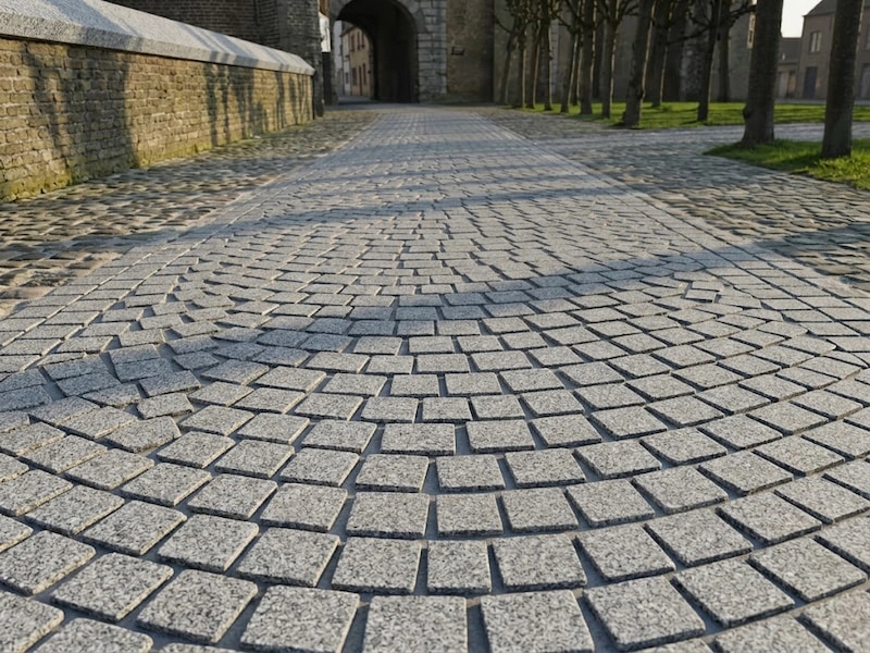 Classic Grey Granite cube stone paving in a fan pattern along a tree-lined pedestrian lane