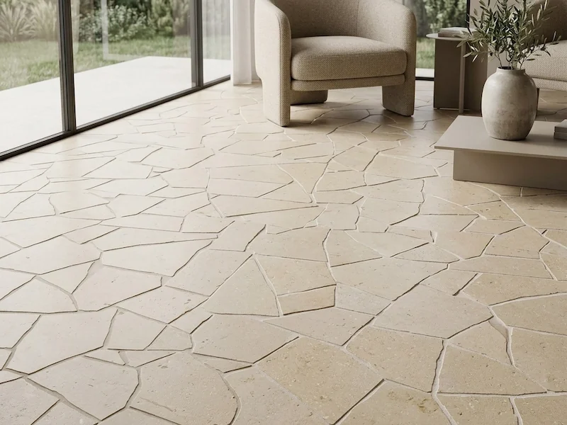 Crazy Paver Limestone installed in a supplied interior floor reference, showing irregular pale limestone pieces