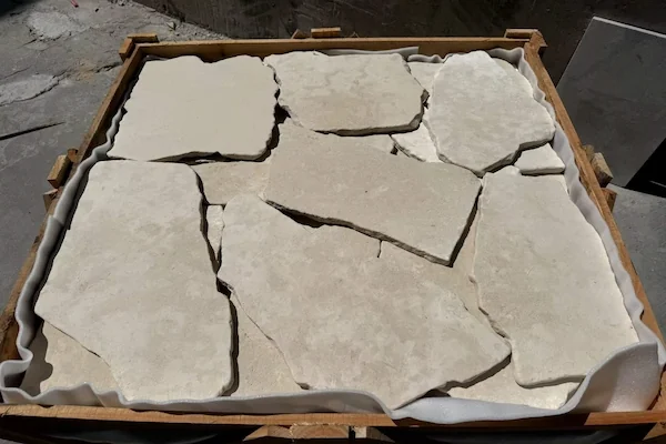Crazy Paver Limestone larger irregular limestone pieces arranged in a supplied packing reference
