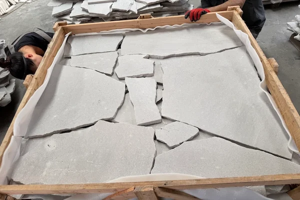 Crazy Paving Travertine Floor Tile crated irregular travertine pieces shown in a supplied overhead material reference