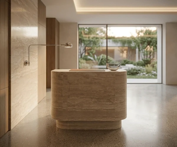 3D visualization of a curved beige travertine reception desk in a warm lobby concept