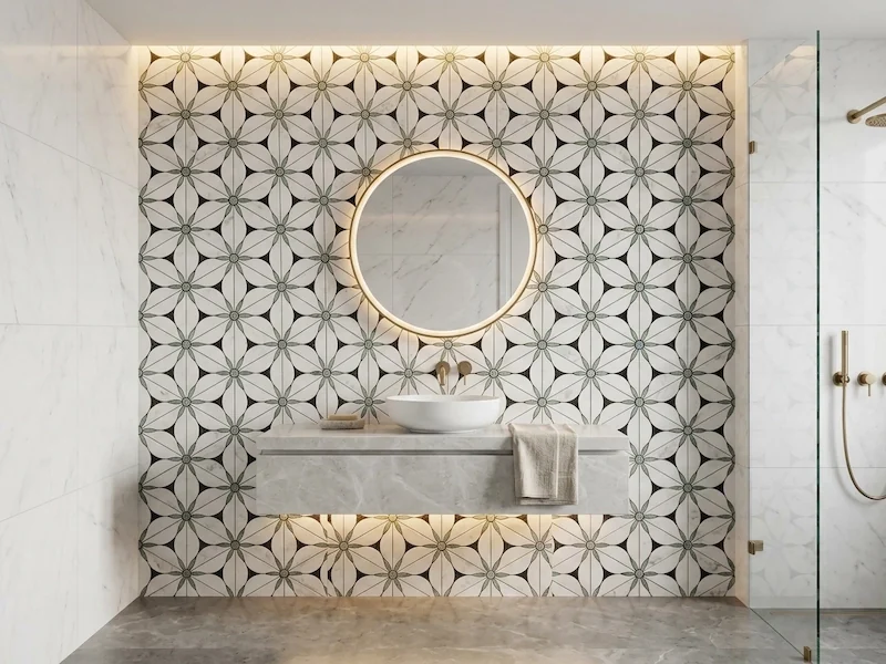Floral Geometric Marble Mosaic shown in a supplied bathroom application reference with a white and grey patterned mosaic wall
