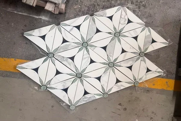 Floral Geometric Marble Mosaic module arrangement shown in a supplied pattern module dry-lay image