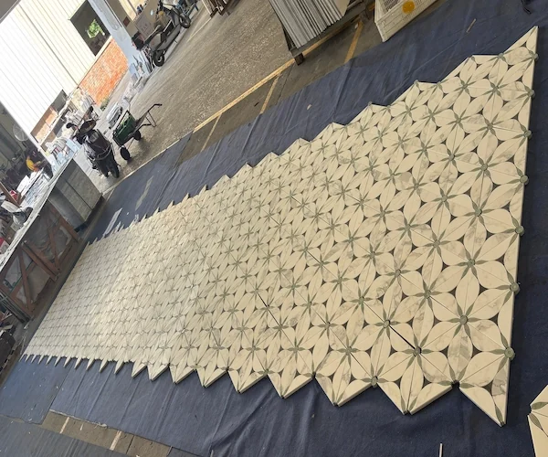 Floral Geometric Marble Mosaic modules shown in a supplied surface layout reference image