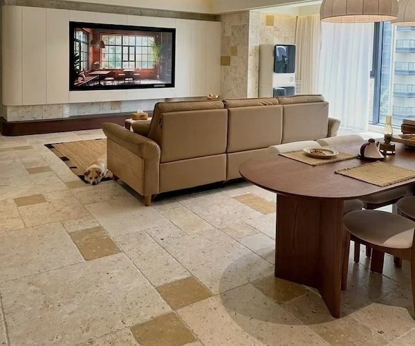 French Pattern Limestone Floor Tile installed in a supplied interior flooring reference image