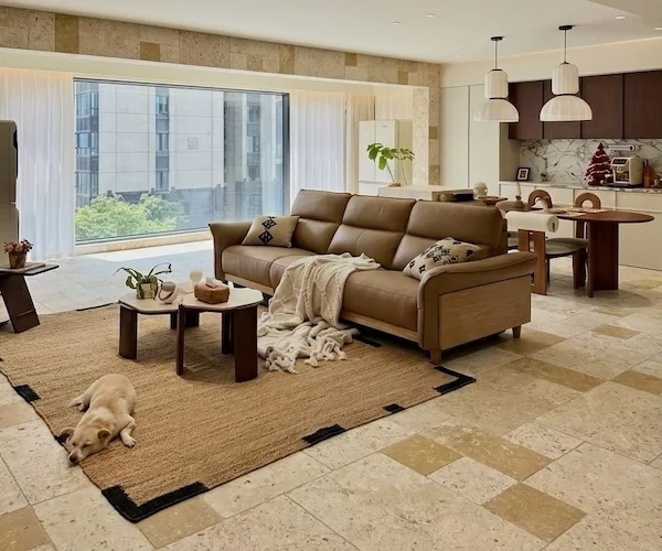 French Pattern Limestone Floor Tile warm-toned stone floor shown in a supplied interior application reference
