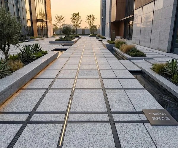 3D visualization of pale-grey stone paving beside a modern commercial facade