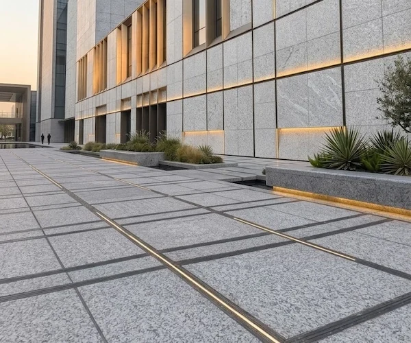 3D visualization of pale-grey stone paving at a modern entrance courtyard