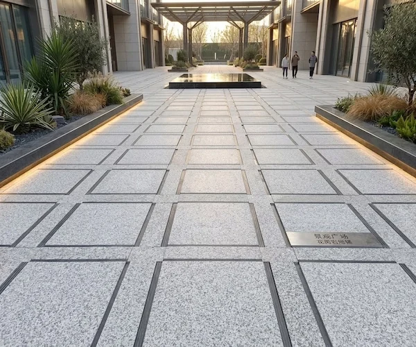 3D visualization of a modern plaza with pale-grey stone paving and facade cladding