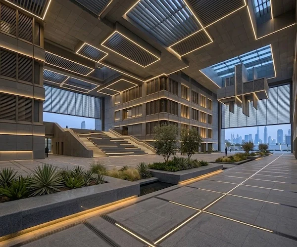 3D visualization of a modern commercial facade with dark-grey stone paving and cladding