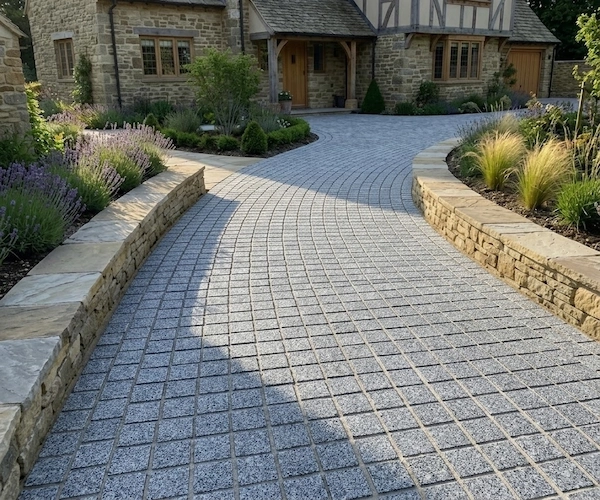 3D visualization of G654 Granite Cube Stone along a landscaped entrance and patio pathway concept