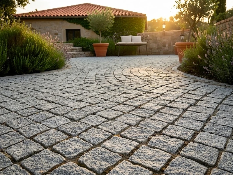 G654 Granite Cube Stone in curved fan-pattern paving across a landscaped courtyard patio