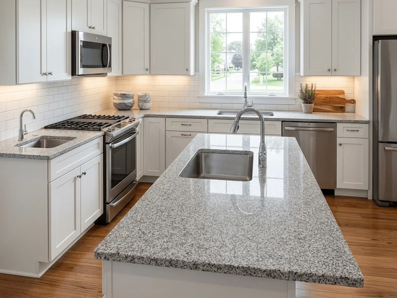 G655 Hazel White Granite Kitchen Top in a supplied kitchen application image, showing a hazel-white granite field with fine grey granular movement