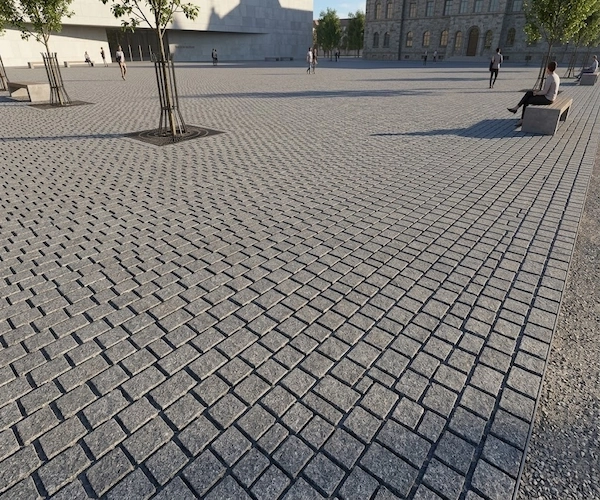 G684 Granite granite cube stone application rendering for European-style plaza paving