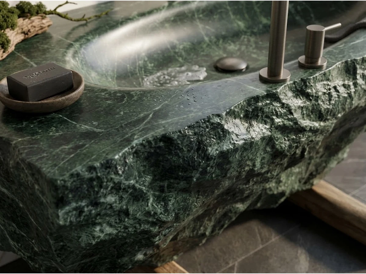 3D visualization of a green marble raw-edge vanity in a luxury powder room concept