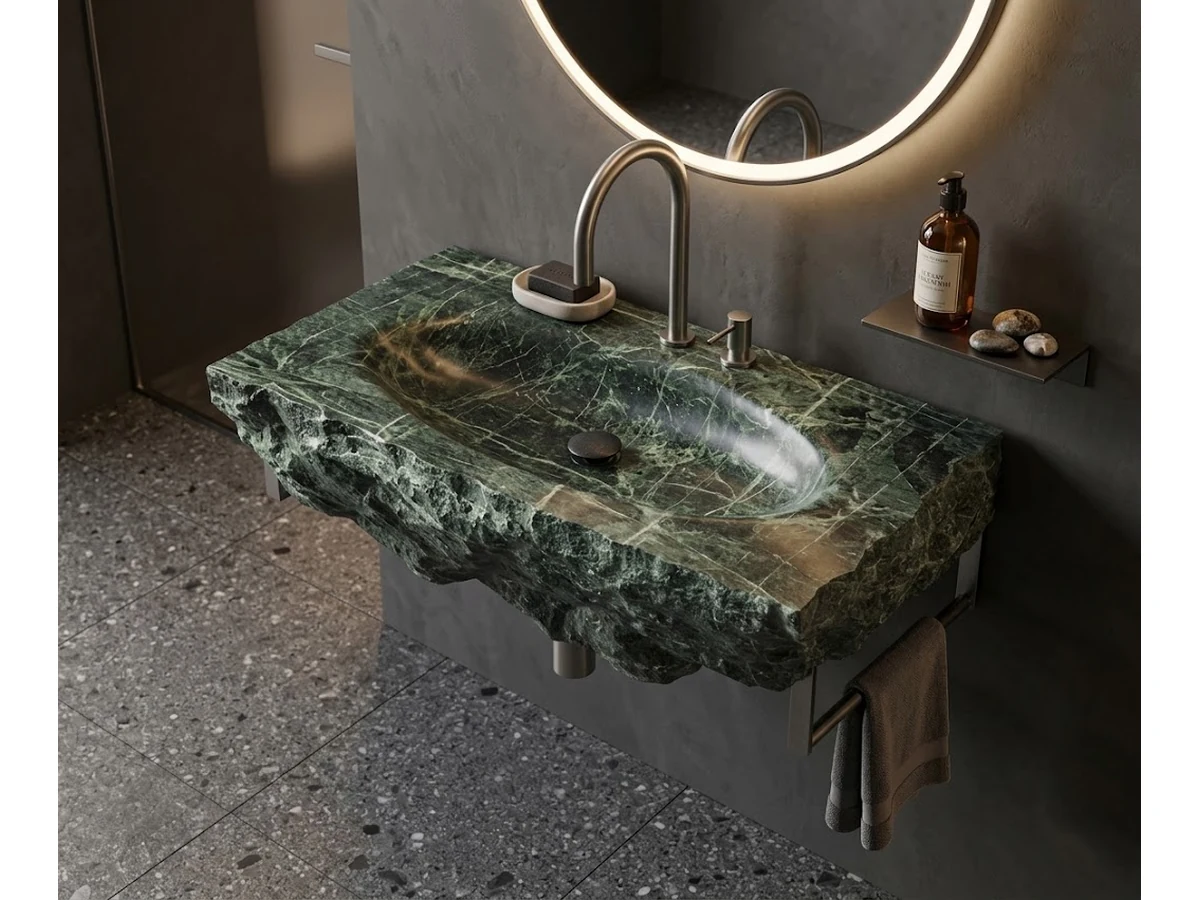 3D visualization of a dark green marble vanity in a biophilic bathroom concept