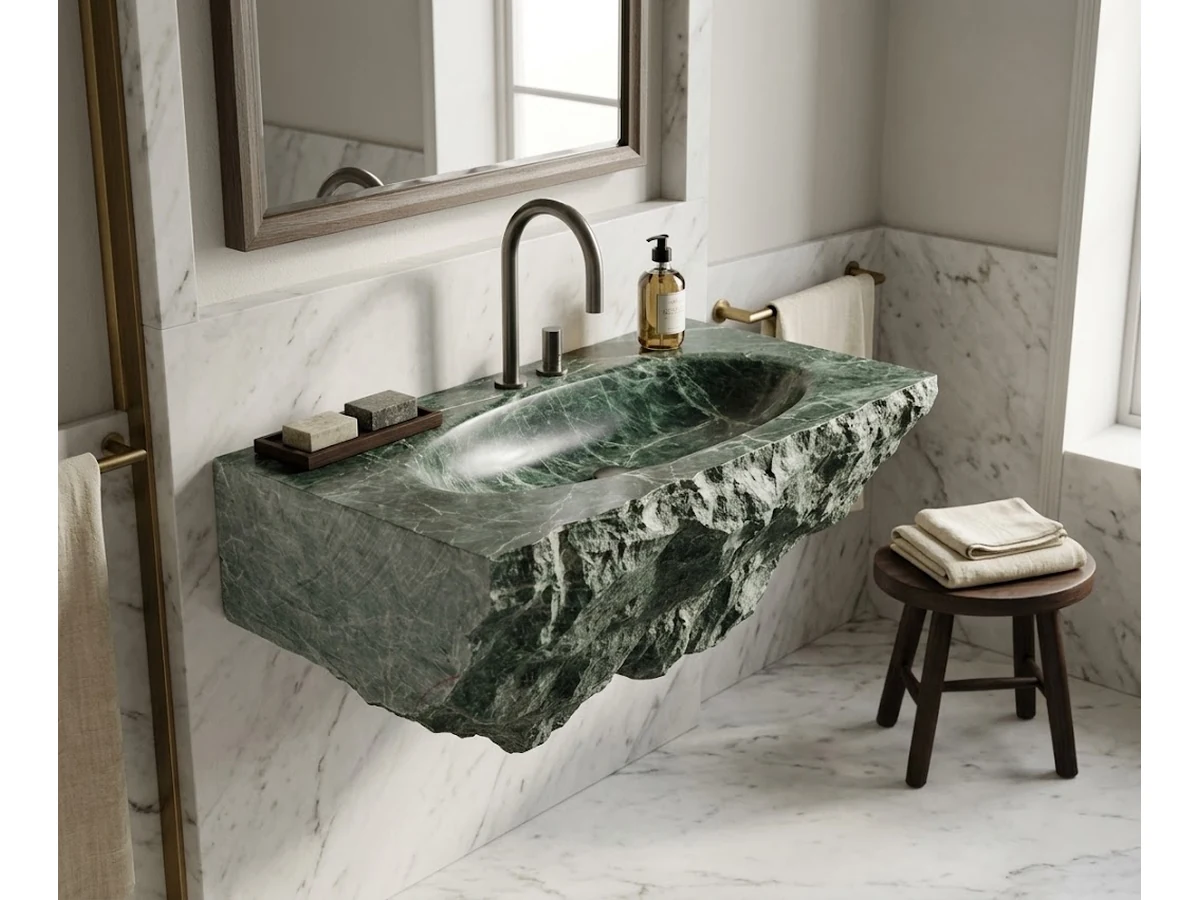 3D visualization of a natural-edge green stone vanity in a contemporary spa bathroom concept