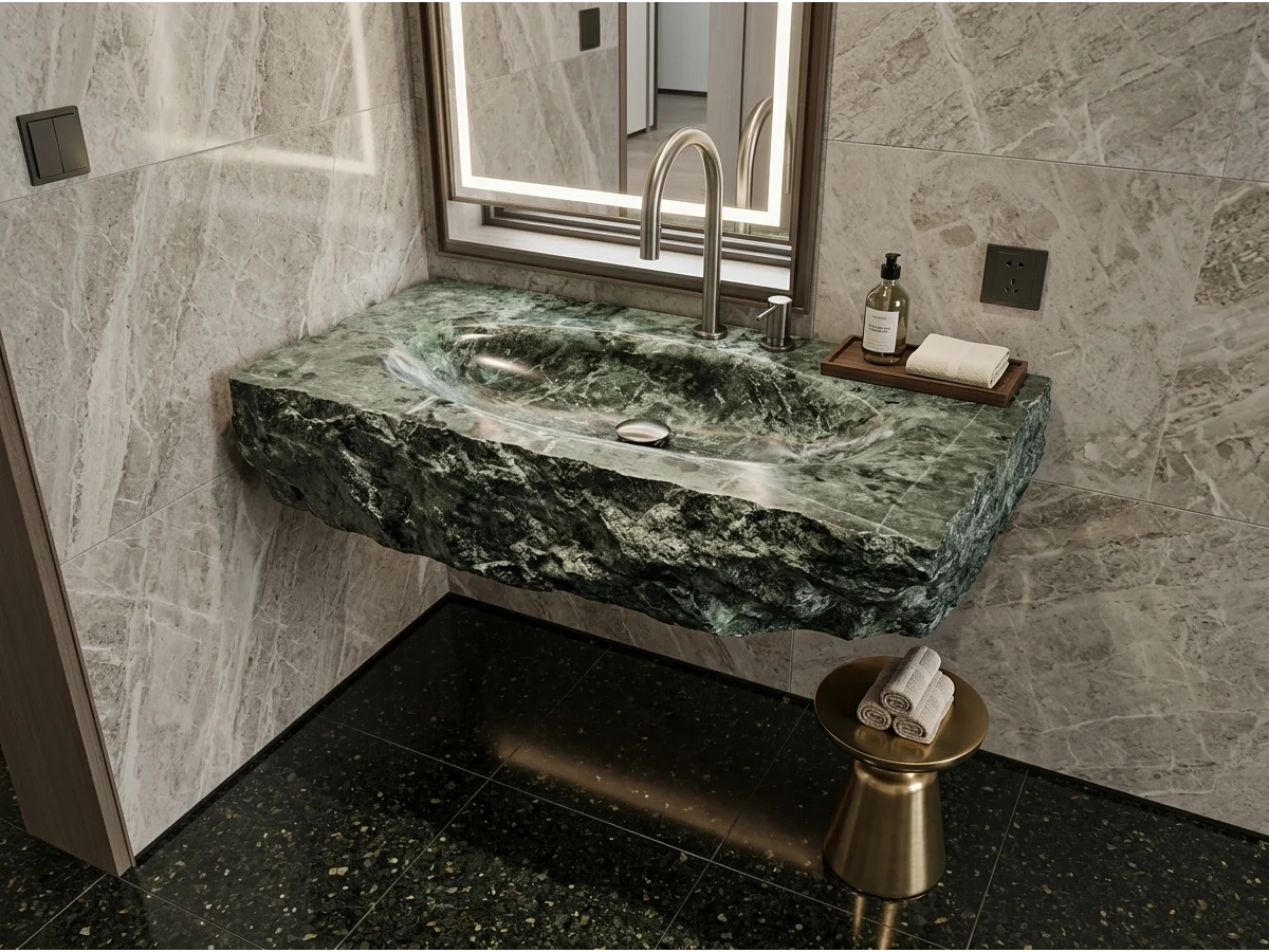 Wall-mounted green marble vanity with an integrated basin, polished upper surface and natural split-face edge