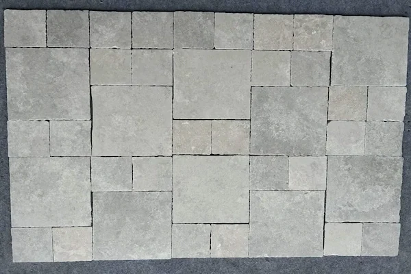 Grey Limestone French Pattern Tile repeating French-pattern layout shown in a supplied overhead product image