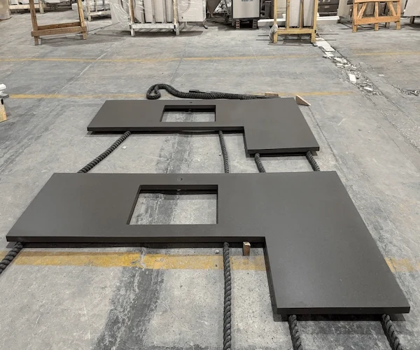 Grey Quartz Kitchen Top sink and faucet cut-out layout shown as a supplied fabrication reference