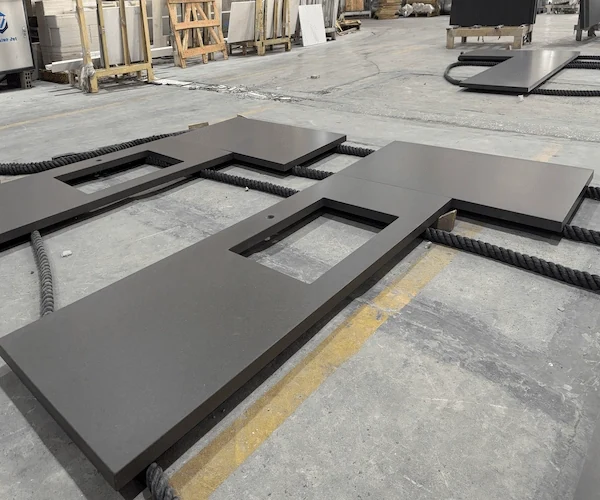 Grey Quartz Kitchen Top dry-laid countertop components aligned in a supplied factory reference image