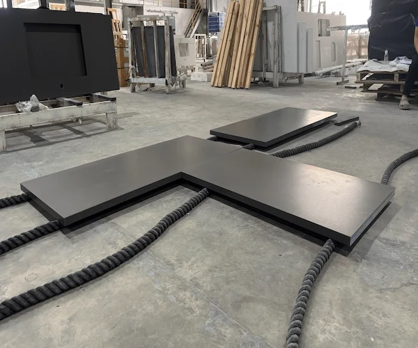 Grey Quartz Kitchen Top cut-to-size kitchen top components sequenced on a factory floor in a supplied fabrication reference