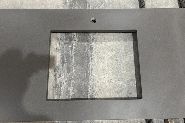 Grey Quartz Kitchen Top cut-to-size countertop panel with a sink cut-out in a supplied factory fabrication image