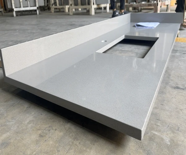 Grey Quartz Vanity Top vanity top components shown in a supplied factory dry-lay or assembly reference image