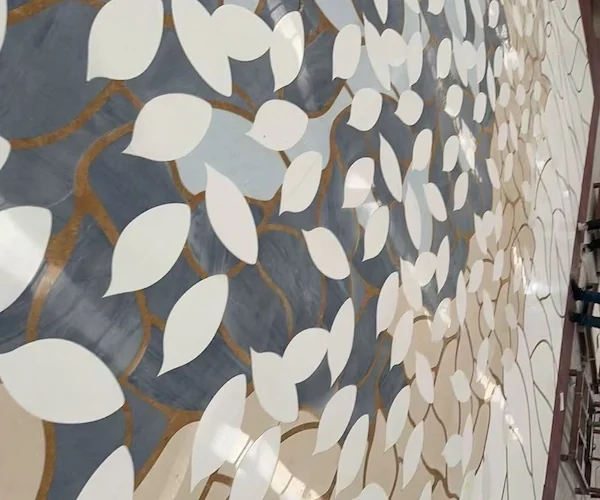 Ivory Floral Marble Waterjet Medallion shown in a supplied factory dry-lay layout reference image