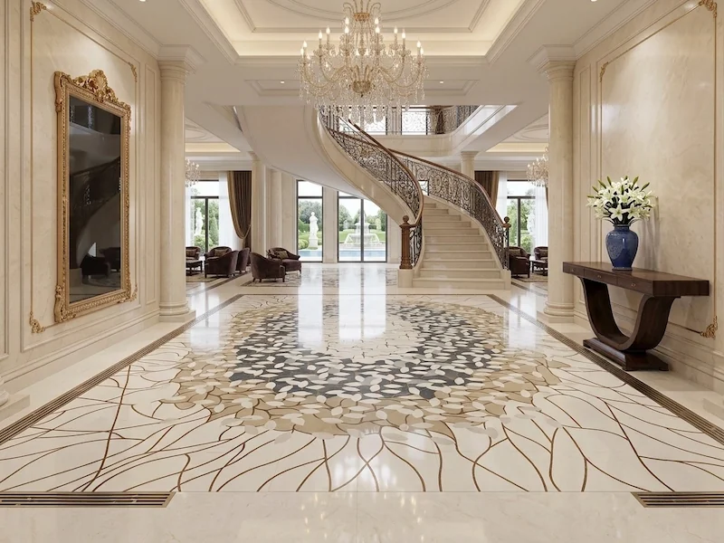 Ivory Floral Marble Waterjet Medallion shown in a supplied architectural design visualization