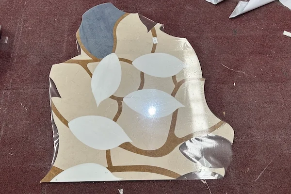 Ivory Floral Marble Waterjet Medallion shown in a supplied dimensional layout reference image