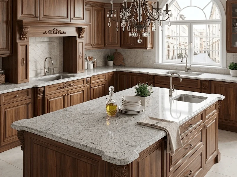 Kashmir White Granite Kitchen Top in a supplied kitchen application image, showing a soft white granite field with fine grey and warm mineral detail